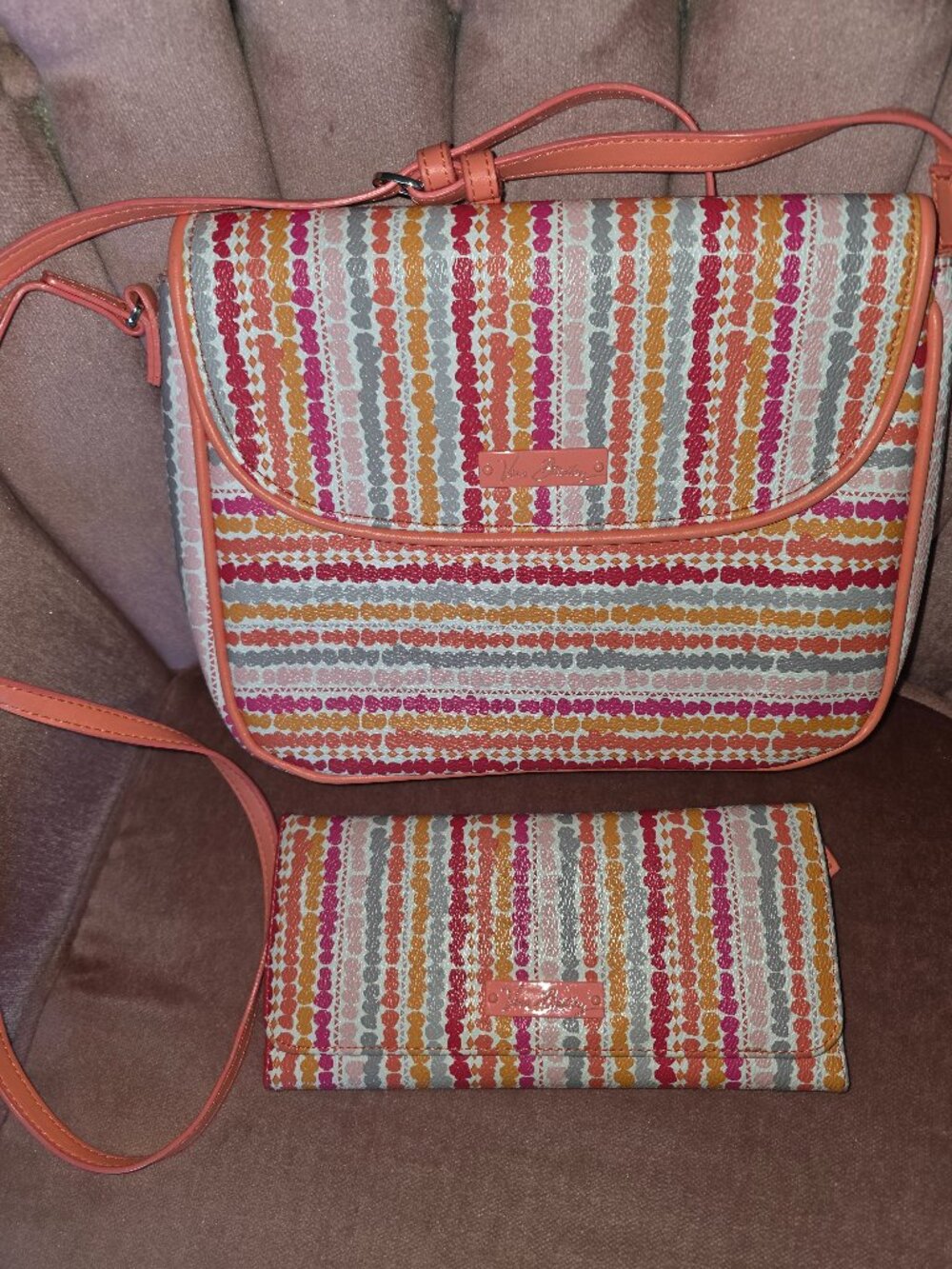 Vera Bradley Crossbody Purse & Matching Wallet Set Coral Stripe